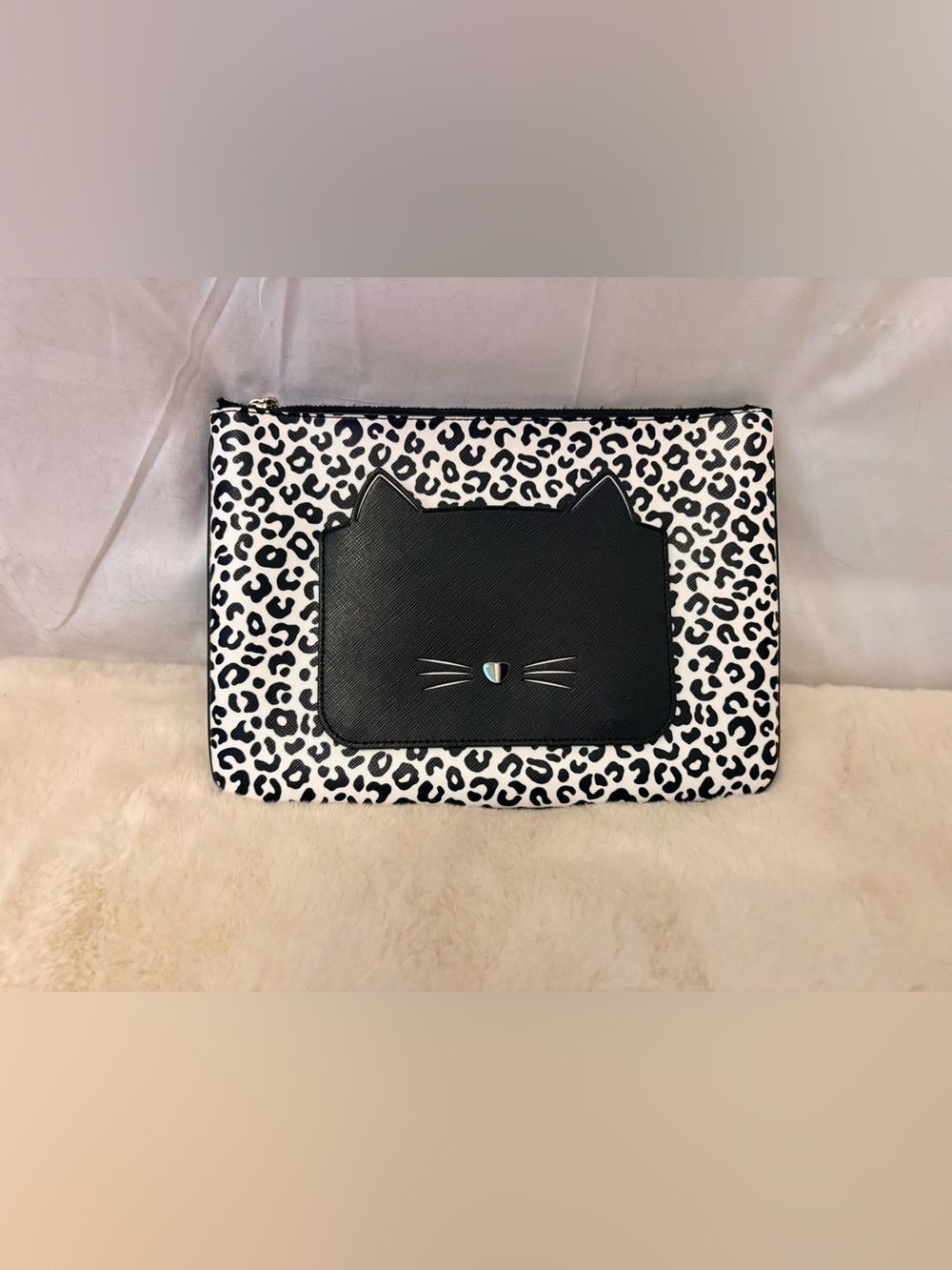 kate spade Black & White Leopard Cat Face Pouch